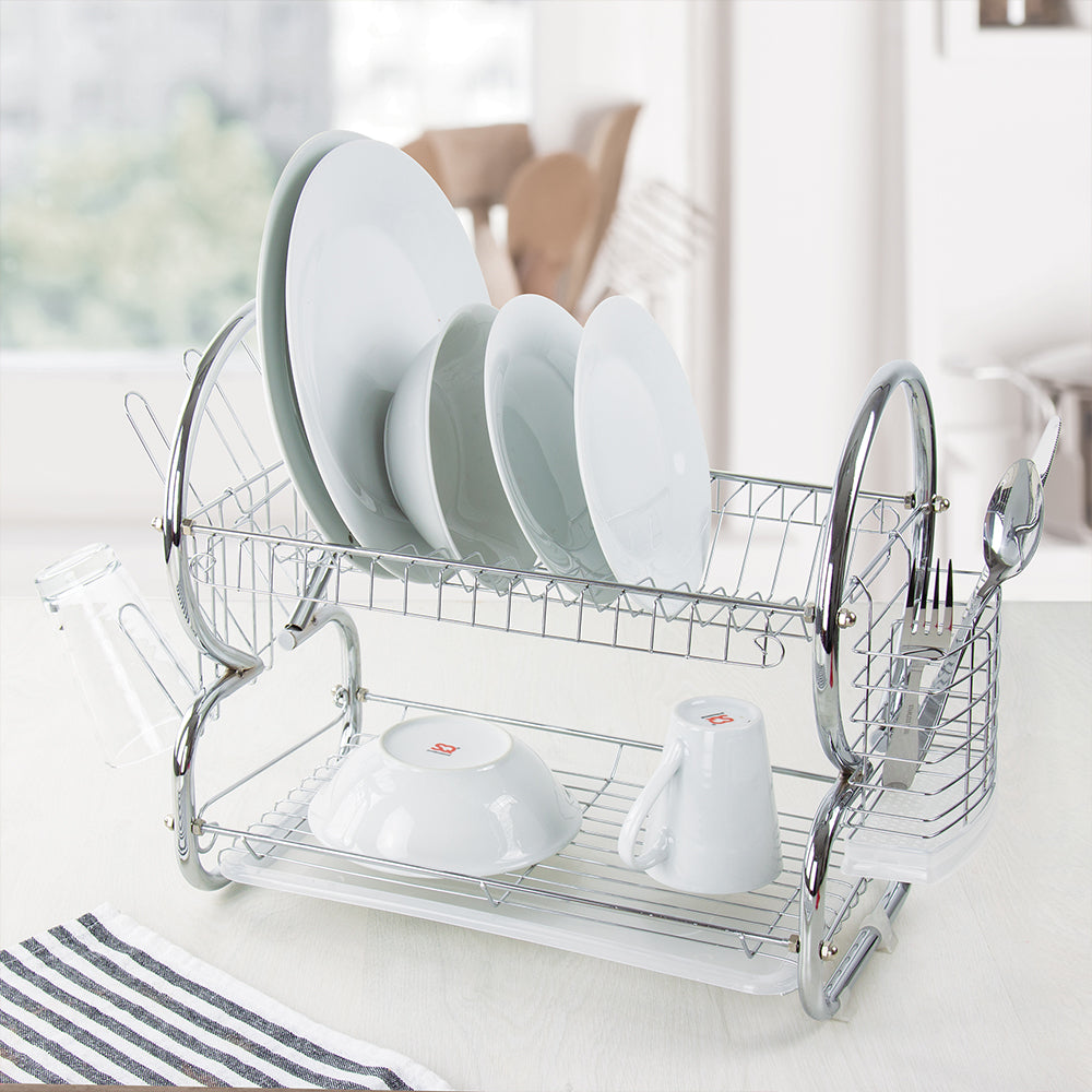 SQ Professional Stainless Steel 2-Tier Dish Rack with a Draining Tray