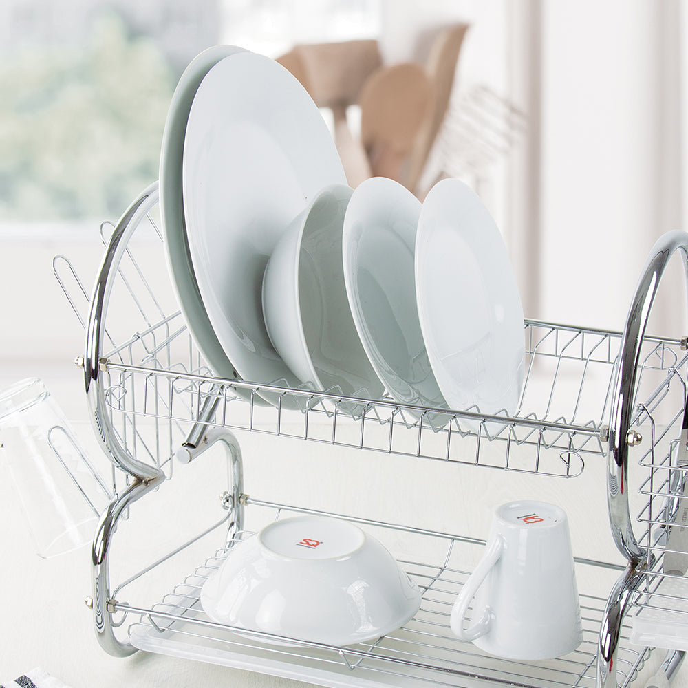 SQ Professional Stainless Steel 2-Tier Dish Rack with a Draining Tray
