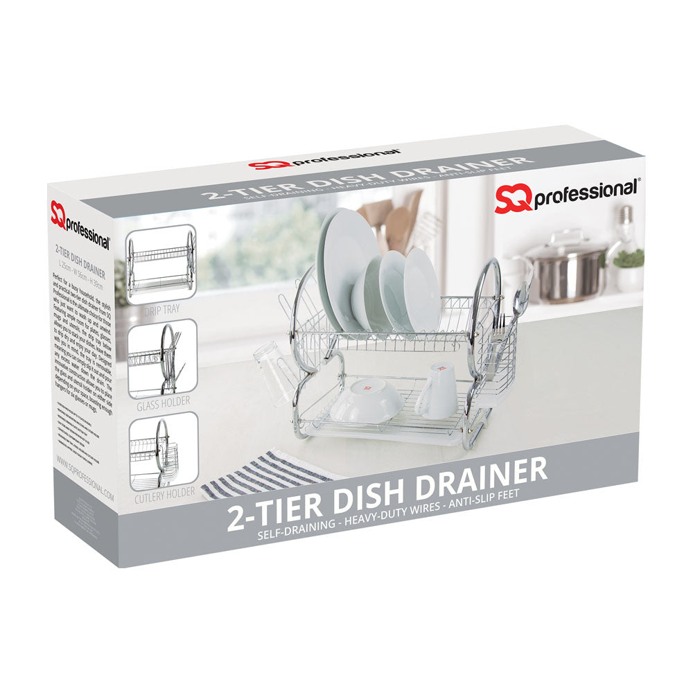 SQ Professional Stainless Steel 2-Tier Dish Rack with a Draining Tray