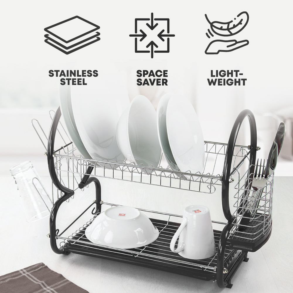 SQ Professional Stainless Steel 2-Tier Dish Rack with a Draining Tray