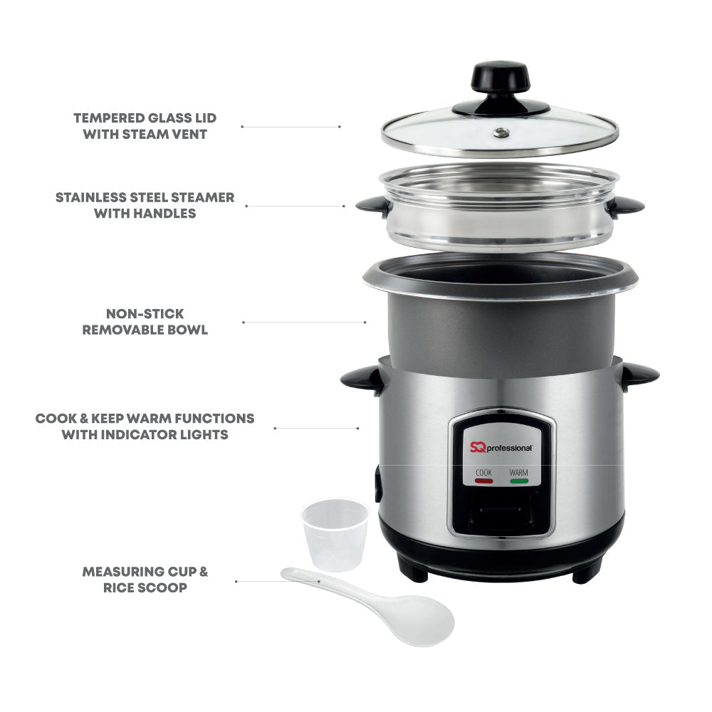 SQ Professional Lustro Stainless Steel Rice Cooker and Steamer 2.8L/ 1000W - www.bargainshack.co.uk